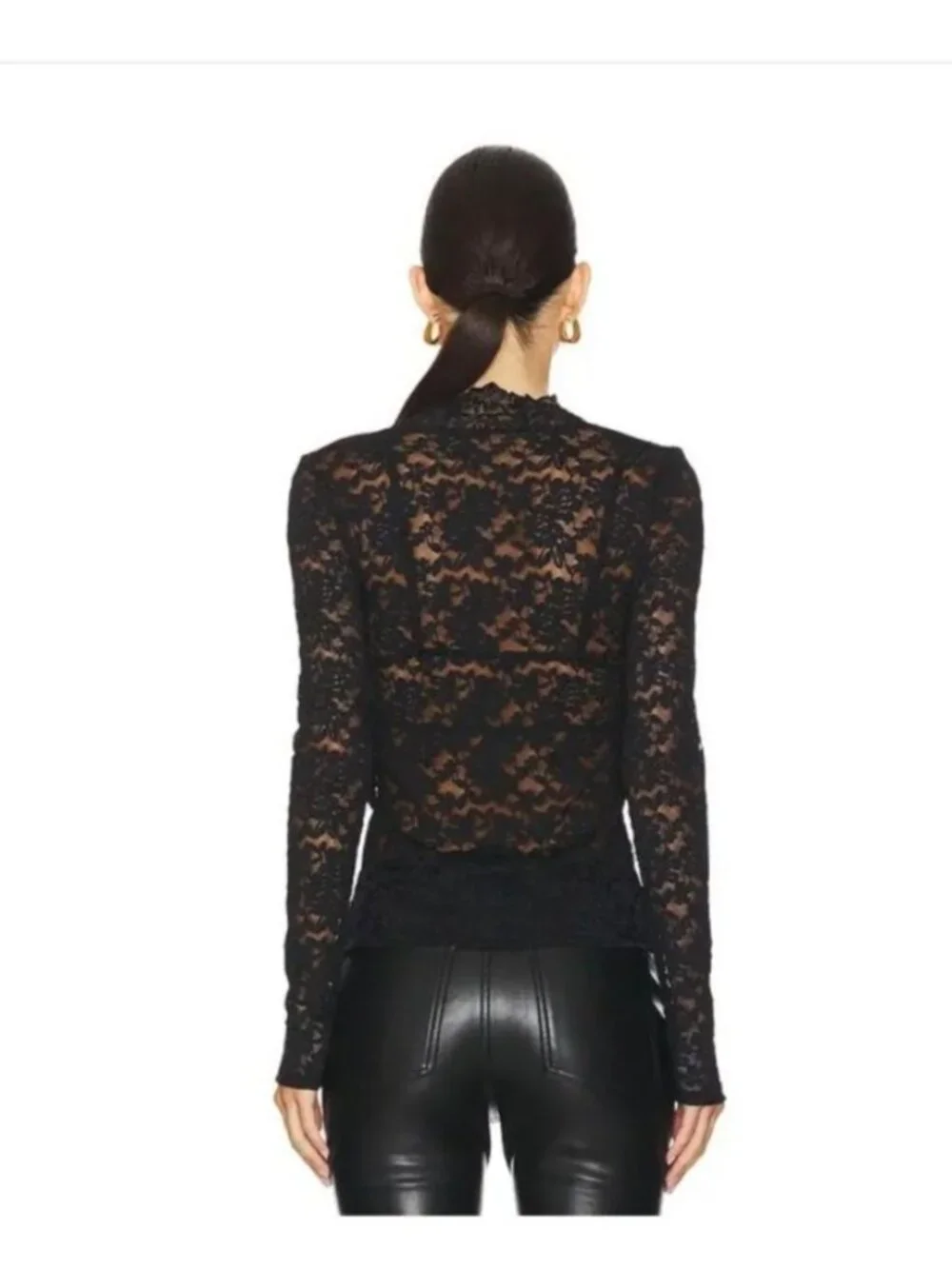 Free People‎ All Day Lace Top L Black Sheer Long Sleeve Scalloped V-Neck NWT
